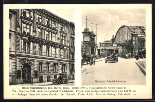 AK Berlin, Hotel Reichskrone an der Neustädtischen Kirchstrasse 11, Aussenansicht, Bahnhof Friedrichstrasse