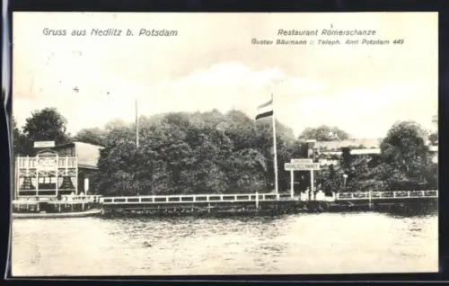 AK Nedlitz /Potsdam, Restaurant Römerschanze G. Bäumann, Ansicht vom Wasser mit Nachbargebäude
