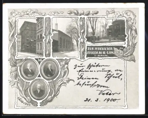 AK Berlin, Friedrichs-Realgymnasium, Jubiläum 1900, Direktorenportraits, Albrechtstrasse 27