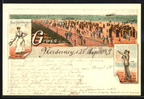 Lithographie Norderney, Strandpanorama, Tennisspieler und -spielerin am Strand