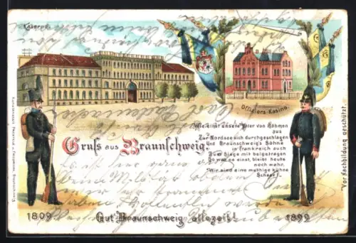 Lithographie Braunschweig, Kaserne, Offiziers-Kasino, Soldaten in Uniform