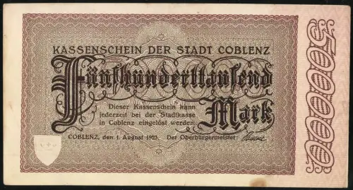 Notgeld Coblenz 1923, 500.000 Mark, Porträt Herr Clostermann und dekorative Muster, Inflation