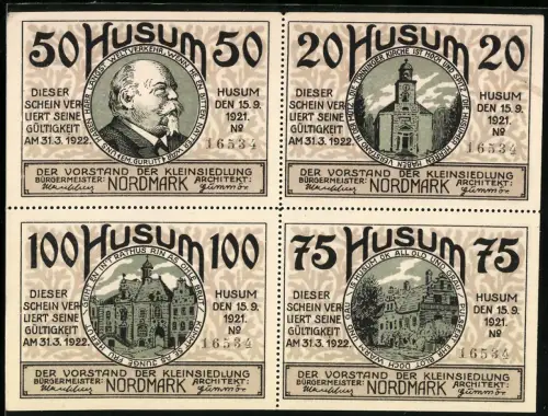 Notgeld Husum 1921, 20, 50, 75 & 100 Pfennig, lokale Gebäude & Porträt, vier Serienscheine Set mit intakter Perforation