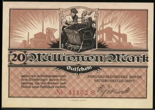 Notgeld Borna, 20 Millionen Mark, Bergarbeiter mit Kohlewaggon und Fabrik im Hintergrund, Braunkohlewerke AG, Inflation