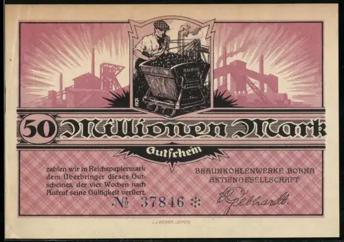 Notgeld Borna, 50 Millionen Mark, Bergarbeiter mit Kohlewagen und Fabrikgebäude, Braunkohlenwerke AG, Inflation