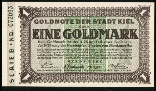 Notgeld Kiel, 1 Goldmark, Text zur Deckung in US-Dollar und Bankhaus L. Behrens & Söhne in Hamburg
