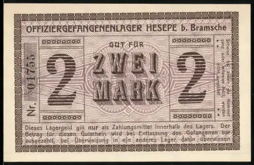 Notgeld Hesepe b. Bramsche, 2 Mark, Offiziergefangenenlager, Lagergeld, geometrisches Muster und Text, POW Camp Money