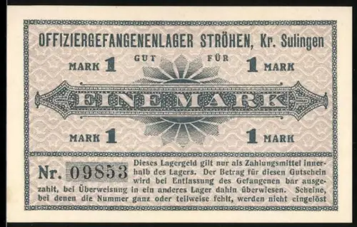 Notgeld Ströhen / Kr. Sulingen, 1 Mark, Offiziersgefangenenlager, Lagergeld für Gefangenenlager, POW Camp Money