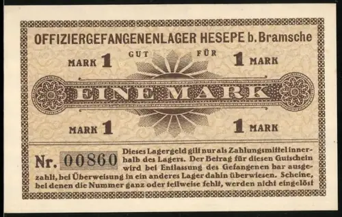 Notgeld Hesepe b. Bramsche, 1 Mark, Offiziergefangenenlager, dekoratives Muster und ornamentalem Design, POW Camp Money