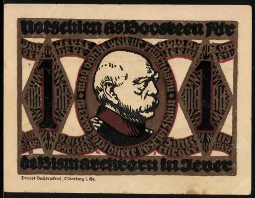 Notgeld Jever, 1 Mark, Porträt Reichskanzler Otto von Bismarck und Wappen mit Vogel