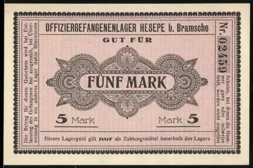 Notgeld Hesepe b. Bramsche, 5 Mark, Offiziergefangenenlager, Lagergeld, dekoratives Muster m. Wertangabe, POW Camp Money