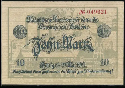 Notgeld Eisleben 1919, 10 Mark, Mansfeldsche Kupferschiefer bauende Gewerkschaft