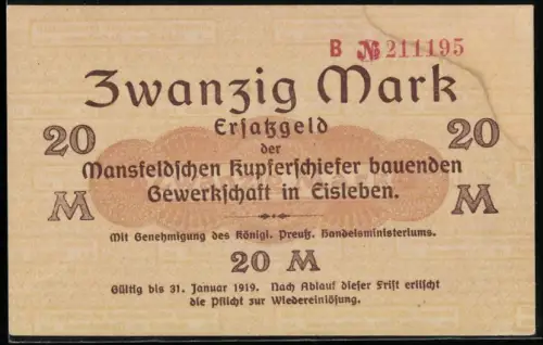 Notgeld Eisleben 1919, 20 Mark, Mansfeldsche Kupferschiefer bauende Gewerkschaft, Ungültig Stempel