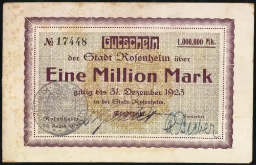 Notgeld Rosenheim 1923, 1 Million Mark, Ortsansicht mit Kirchturm und Bergen im Hintergrund, Inflation