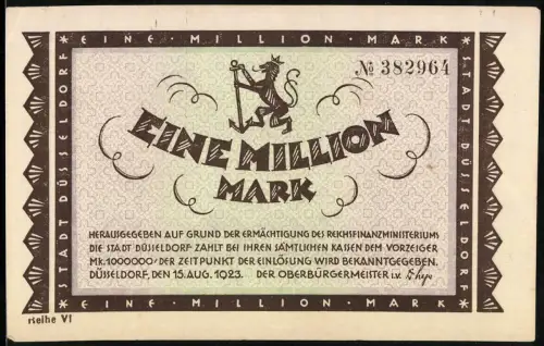 Notgeld Düsseldorf 1923, 1 Million Mark, Brücke und Löwe-Motiv, Inflation