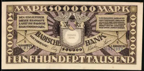 Notgeld Mannheim 1923, 500.000 Mark, Badische Bank, Greif mit Schild und Ritter mit Hammer und Fackel, Inflation
