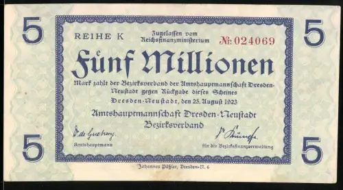 Notgeld Dresden-Neustadt 1923, 5 Millionen Mark, Ornamente, Inflation