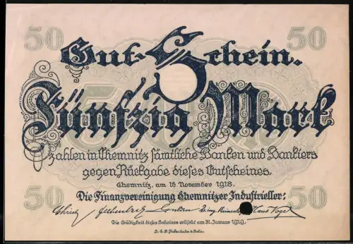 Notgeld Chemnitz 1918, 50 Mark, kunstvolle Schrift und dekorative Muster, entwertet (gelocht)