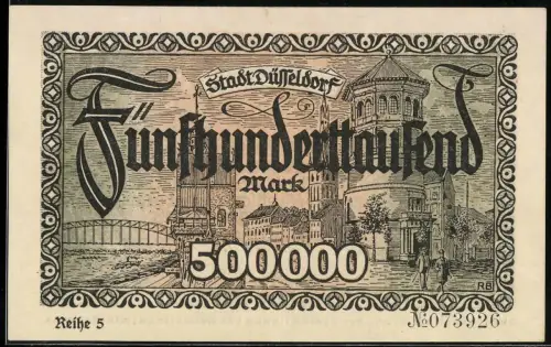 Notgeld Düsseldorf 1923, 500.000 Mark, Ortsansicht mit Brücke und historischen Gebäuden