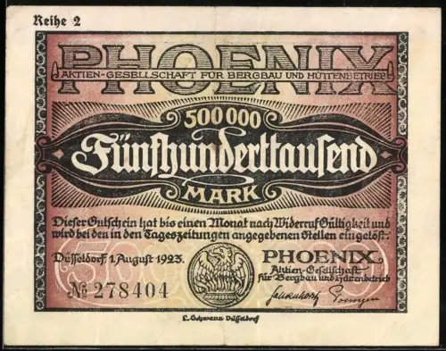 Notgeld Düsseldorf 1923, 500.000 Mark, Phoenix AG für Bergbau & Hüttenbetrieb, Phoenix über Flammen, Inflation