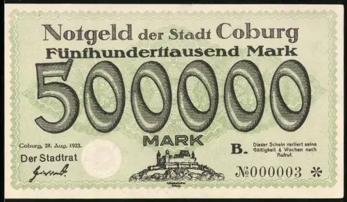 Notgeld Coburg 1923, 500.000 Mark, Landschaft mit Burgmotiv, KN 000003, Inflation