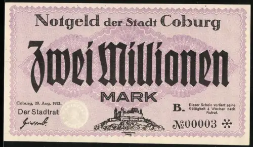 Notgeld Coburg 1923, 2 Millionen Mark, Schlossansicht und Schriftzug, KN 00003, Inflation