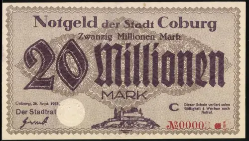 Notgeld Coburg 1923, 20 Millionen Mark, Burgmotive, KN 00003, Inflation