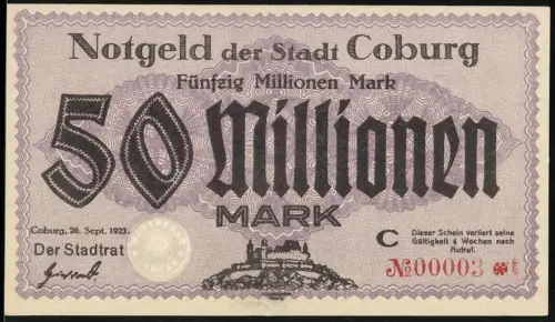 Notgeld Coburg 1923, 50 Millionen Mark, Burgmotiv, KN 00003, Inflation