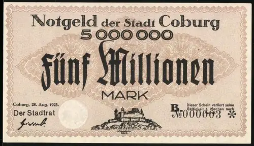 Notgeld Coburg 1923, 5 Millionen Mark, Burgmotiv und dekoratives Muster, KN 000003, Inflation