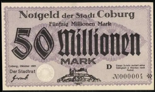 Notgeld Coburg 1923, 50 Millionen Mark, Burgmotiv, KN 000004, Inflation