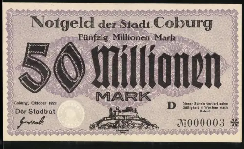 Notgeld Coburg 1923, 50 Millionen Mark, Burgansicht, KN 000003, Inflation