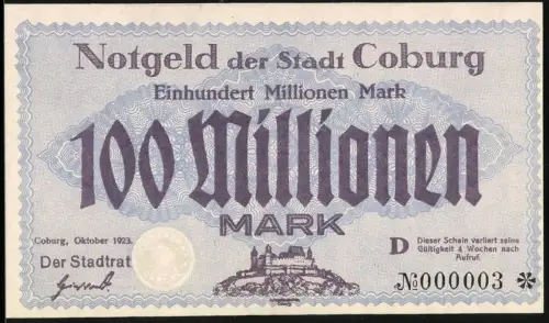 Notgeld Coburg 1923, 100 Millionen Mark, Burgansicht und Siegel, KN 000003, Inflation