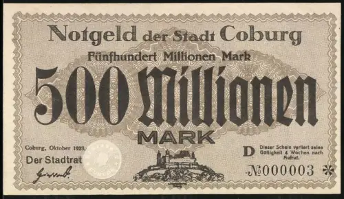 Notgeld Coburg 1923, 500 Millionen Mark, Ortsansicht mit Burg und Landschaft, KN 000003, Inflation