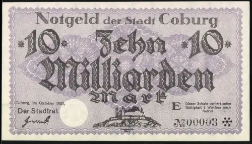Notgeld Coburg 1923, 10 Milliarden Mark, Stadtsilhouette von Coburg, KN 00003, Inflation
