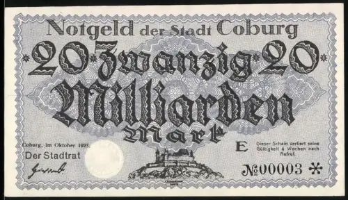 Notgeld Coburg 1923, 20 Milliarden Mark, Burgansicht und dekoratives Muster, KN 00003, Inflation