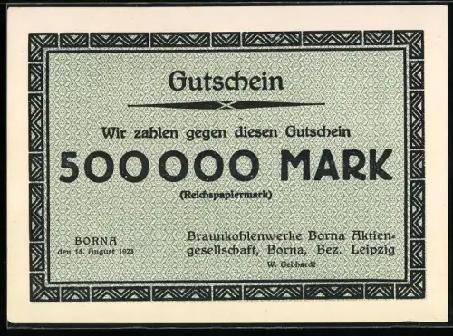 Notgeld Borna 1923, 500.000 Mark, Reichspapiermark, Gutschein der Braunkohlenwerke Borna Aktiengesellschaft