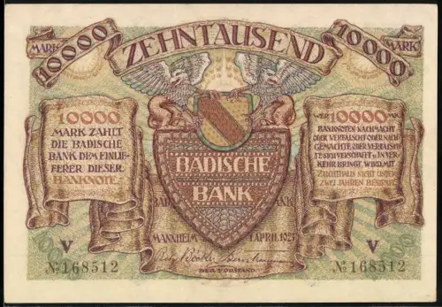 Notgeld Mannheim 1923, 10.000 Mark, Badische Bank Wappen mit Greifen, Soldat und Kriegerkopf