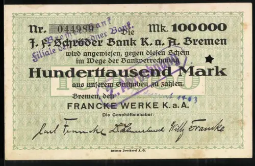 Notgeld Bremen, 100.000 Mark, Schriftzug Hunderttausend Mark, Stempel Staatskasse Landesamt Bremen