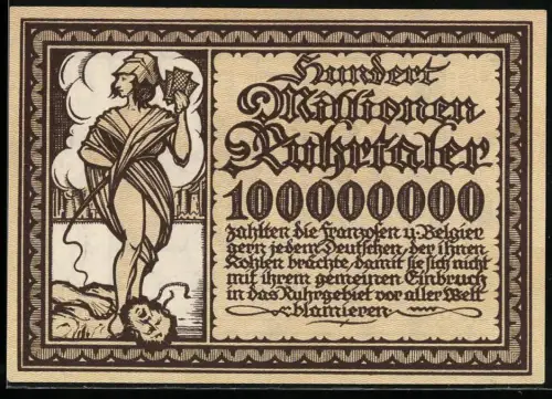 Notgeld Essen / Ruhrgebiet, 100 Millionen Ruhrtaler, Franzosen verhaften Wärterin am Bahnhof