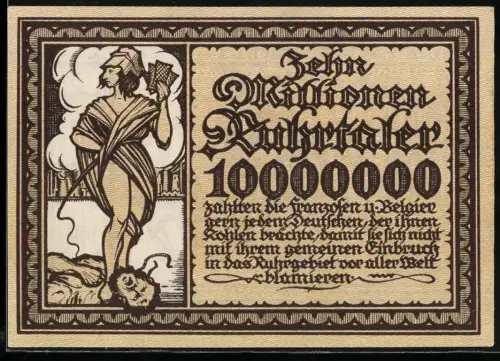 Notgeld Essen / Ruhr 1923, 10 Millionen Ruhrtaler, Franzosen beschlagnahmen Schubkarre voller Kohlen von Kindern