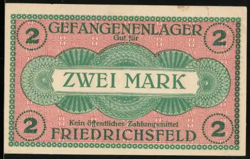 Notgeld Friedrichsfeld, 2 Mark, Gefangenenlager, Lagergeld, POW Camp Money
