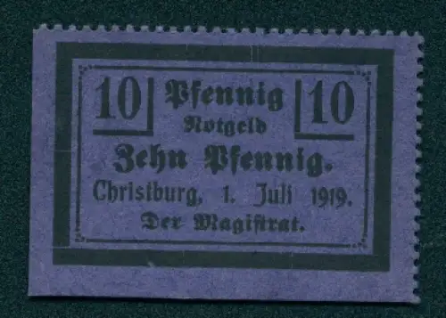 Notgeld Christburg / Westpreussen 1919, 10 Pfennig, violett, einfache Umrandung mit Inschrift und Stempel Rückseitig