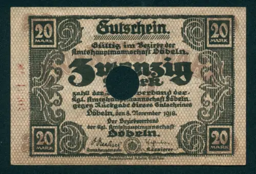Notgeld Döbeln 1918, 20 Mark, florales Design und Ornamentik, entwertet (gelocht)