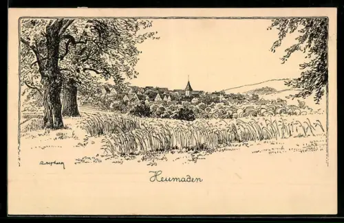 AK Heumaden, Dorfblick mit Kirche und Kornfeld