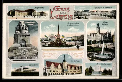 AK Leipzig, Völkerschlachtdenkmal, Augustusplatz mit Mendebrunnen, Neues Rathaus