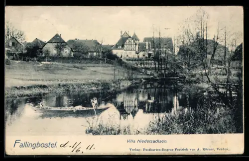 AK Fallingbostel, Villa Niedersachsen, Dorfansicht mit Teich und Ruderboot