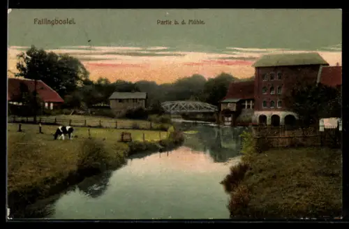 AK Fallingbostel, Mühle, Brücke, Fluss
