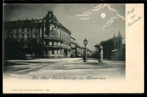 AK Karlsruhe, Karl Friedrichstrasse im Mondschein