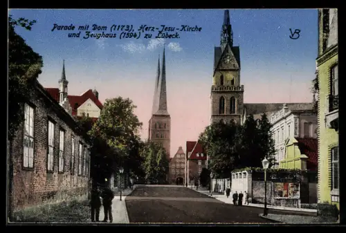 AK Lübeck, Parade mit Dom, Herz-Jesu-Kirche und Zeughaus