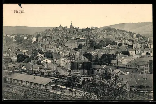 AK Siegen, Stadtansicht mit Bahnanlagen und Gasbehältern
